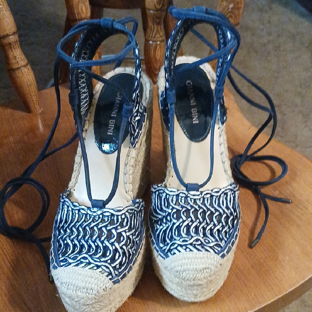 Gianni Bini Blue and Cream Lace-Up Espadrilles